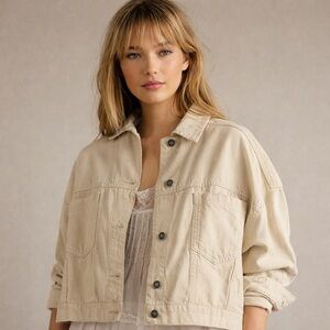 WE THE FREE Opal Swing Distressed Denim Jacket S Beige Utility Denim Oversized